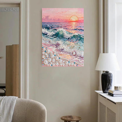 LPDJITO Beach Sunrise Diamond Art Pearl Painting Kit, DIY Pearl Art Painting, Beach Pearl Diamond Painting Kits, Handmade Gem Dot Picture Craft for Home Wall Decor 12x16 inch Wave