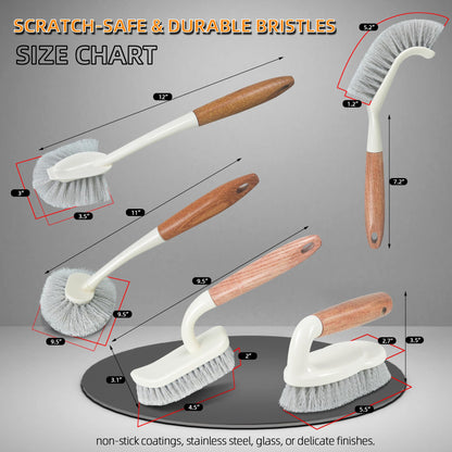 Attoshow 5-Pack Heavy Duty Scrub Brushes Set with Wooden Handles, Multi-Surface Scrubber for Kitchen, Bathroom, Tile & Grout, Includes Spherical, Triangle, Square & Dish Brush for Stubborn Stains