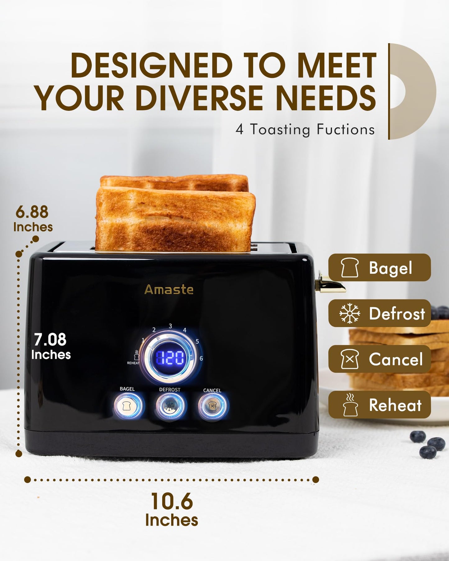 2 Slice Toaster, Retro Bread Toaster with LED Display, Extra Wide Slots Toasters with 6 Bread Shade Settings, Bagel, Cancel, Defrost Function, Stainless Steel with High Lift Lever, Removal Crumb Tray