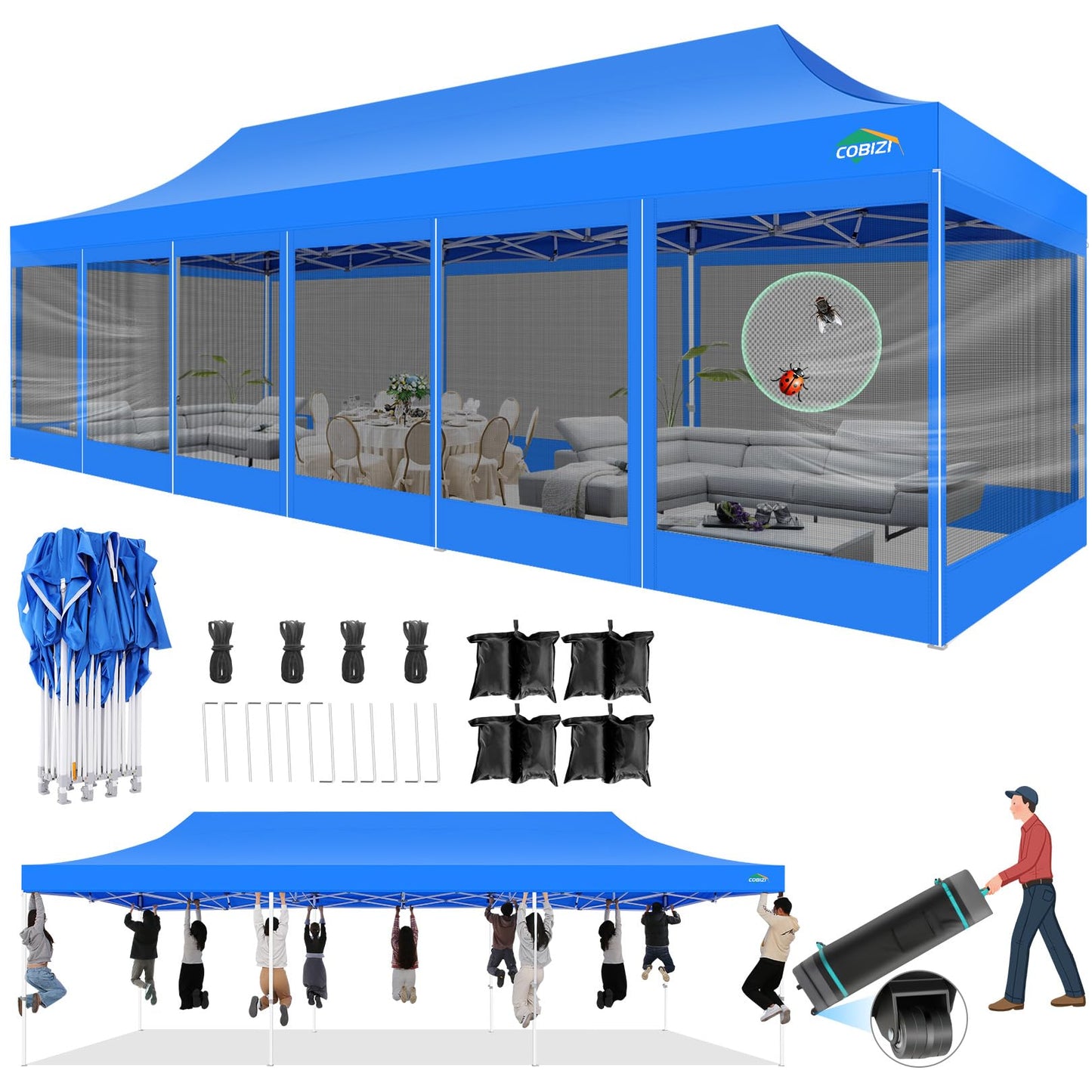 COBIZI 10x30 Pop Up Canopy with Sidewalls, Heavy Duty Canopy with Mosquito Netting, Easy up Screen Party Tents for Parties Backyard Outdoor Commercial Event Gazebo with Roller Bag, Sandbags, Blue