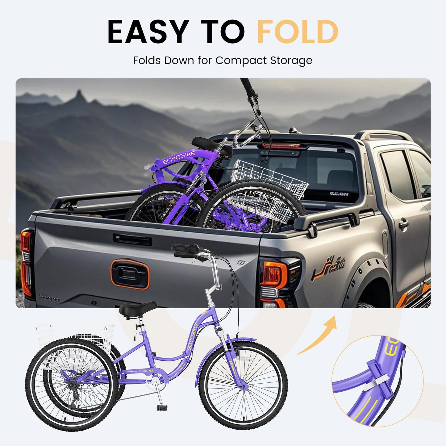 EOYOBIKE Adult Folding Tricycle, 7-Speed 3-Wheel Cruiser Bike with Low Step-Through Frame, Large Rear Basket, Adjustable Seat, 20/24/26 Inch Options