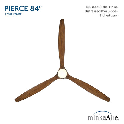 MINKA-AIRE F763L-BN/DK Pierce 84" 3-Blade LED Smart Ceiling Fan - Brushed Nickel and Distressed Koa Finish Blades with Etched Lens