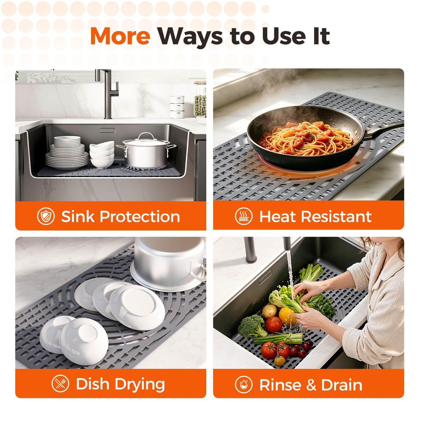 Snuggery Silicone Sink Protector 30"x16" Rear Drain Hole, Heat Resistant Non-slip Dishwasher Suitable, Large Sink Mat for Bottom of Farmhouse Kitchen Stainless Steel Sinks