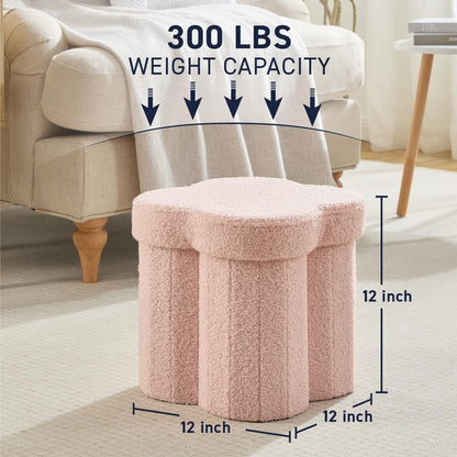 12" Inch Ornavo Home Pink Boucle Storage Ottoman Cube Flower-Shaped Footstool with Hidden Storage, Faux Teddy Fur Foot
