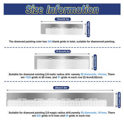 Whaline 3Pcs Stainless Diamond Pasted Drawing Ruler Steel 5D Drawing Mesh Ruler with Fix Tools 240 520 1020 Blank Grids for Full Drill or Partial Drills DIY Art Crafts Diamond Painting Kits