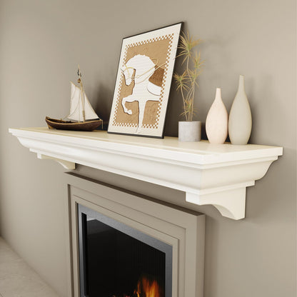 KALSUBO 72 Inch Fireplace Mantel Shelf, Invisible Heavy Duty Bracket Floating Mantle for Over Fireplace, Wall Mounted Handcrafted Hollow Solid Wood Design, Rustic Traditional Fireplace Decor (White)