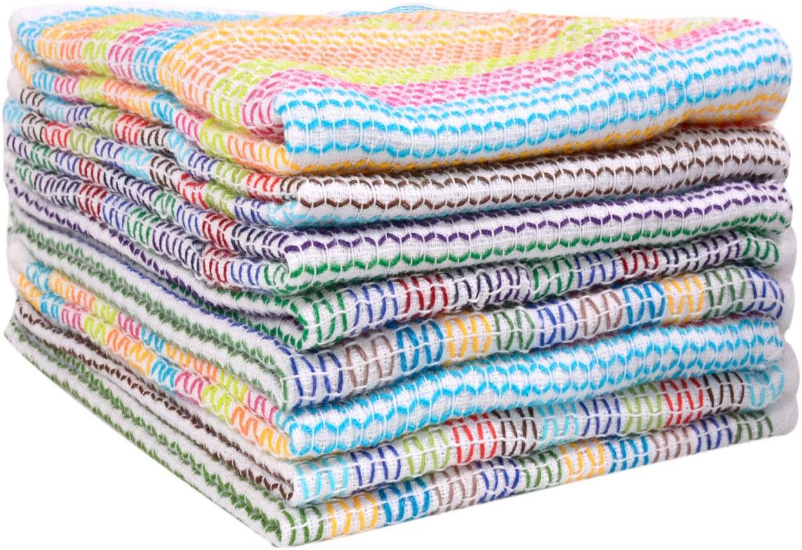 Kitchen Dish Cloths 100% Cotton Tea Towels, Soft and Absorbent, Machine Washable Set of 8 Multi Colors