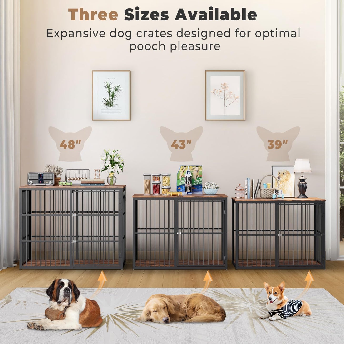 Lyromix 43'' Dog Crate Furniture with 3 Doors, XL Wooden Crate End Table Heavy Duty Indoor Puppy Cage for Medium to Large Dogs, Multiple Units Can be Combined