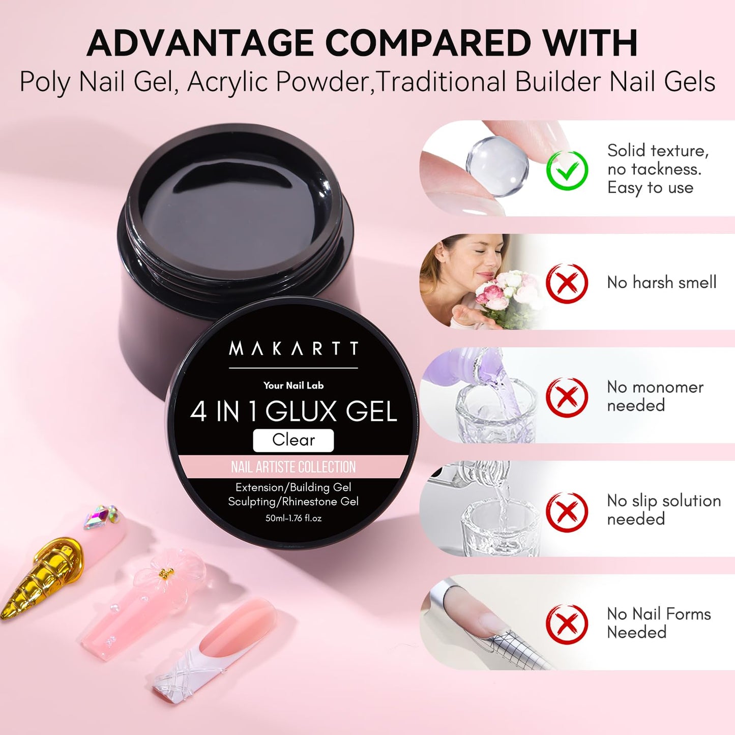 Makartt Clear Gel Builder Kit: Self-Levelling, Long Lasting Extension Hard Gels for Strengthener, Broken Nails Repair Gel Kit with Paper Forms, Dual forms, Nail File and Dual-End Brush 1.06 oz