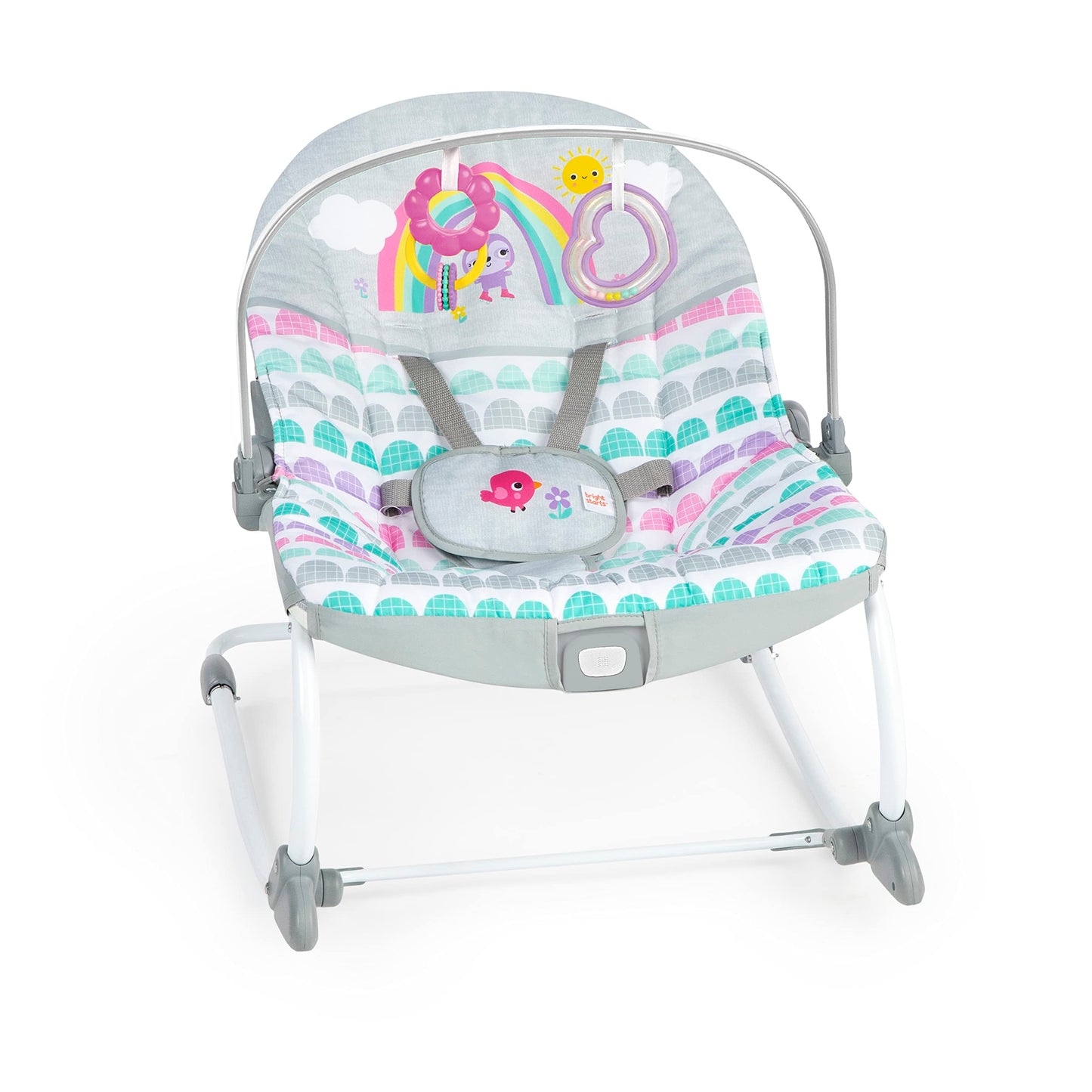 Bright Starts Rosy Rainbow Infant to Toddler Rocker with Vibrations, Baby Seat for Girl or Boy, Newborn +