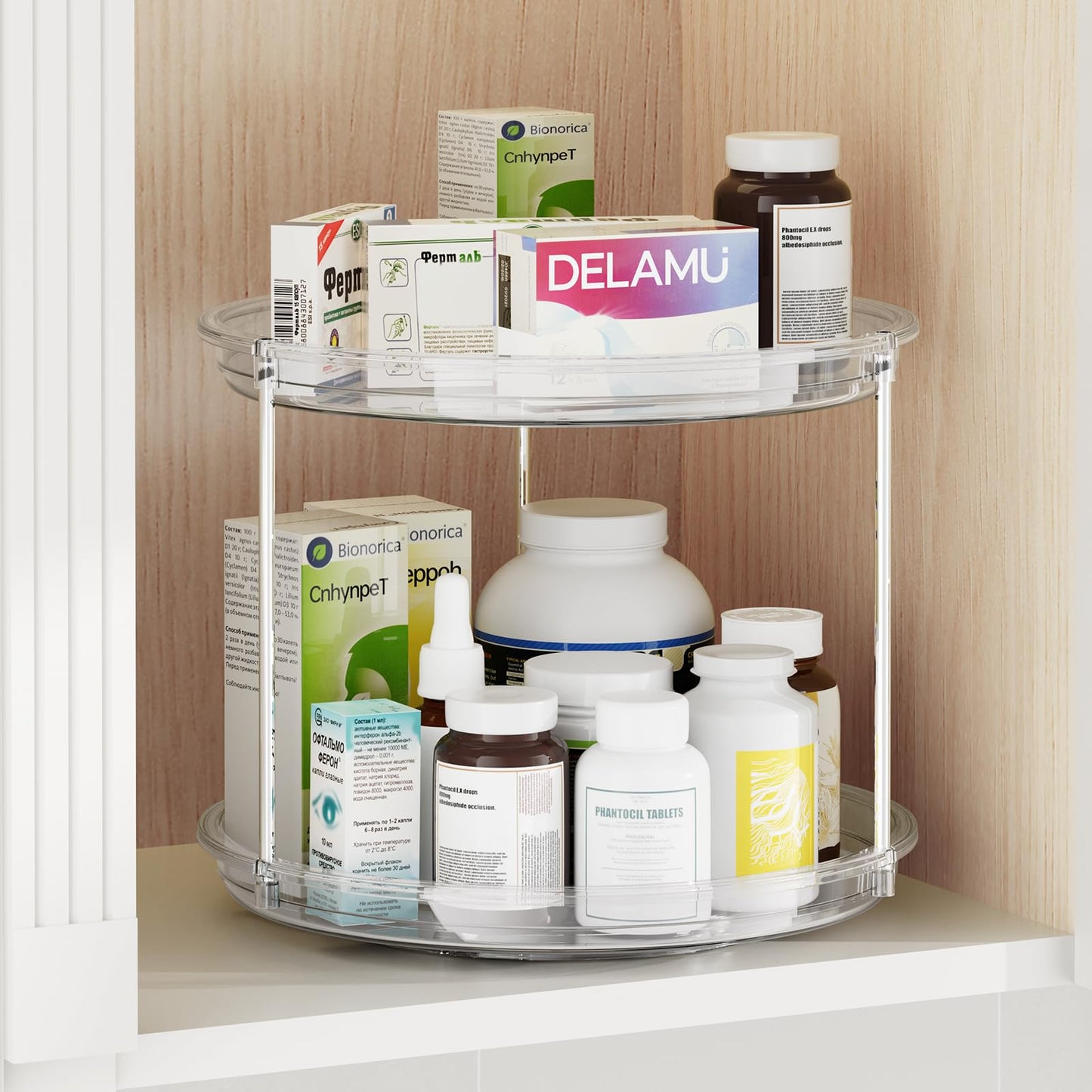 LazySpin 2 Tier Lazy Susan Organizer, 9.25'' Lazy Susan Turntable for Cabinet, Stackable Turntable Organizer Rotating Spice Rack Organization for Kitchen Countertop, Pantry, Bathroom, Clear