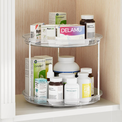 LazySpin 2 Tier Lazy Susan Organizer, 9.25'' Lazy Susan Turntable for Cabinet, Stackable Turntable Organizer Rotating Spice Rack Organization for Kitchen Countertop, Pantry, Bathroom, Clear
