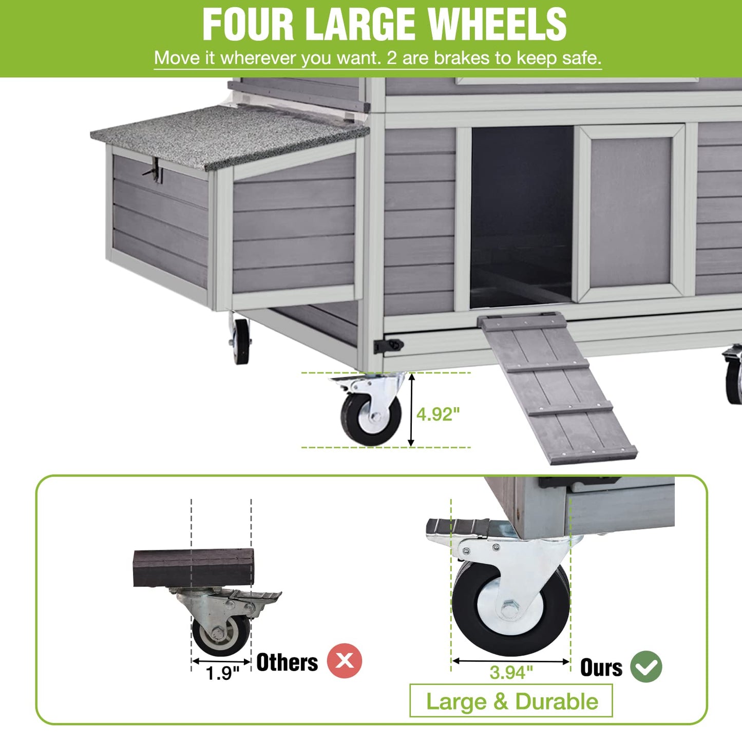 GUTINNEEN Large Chicken Coop on Wheels Mobile Wooden Hen House Weatherproof Duck Poultry Cage 67.3" L for 6-8 Chickens with 6 Nesting Box