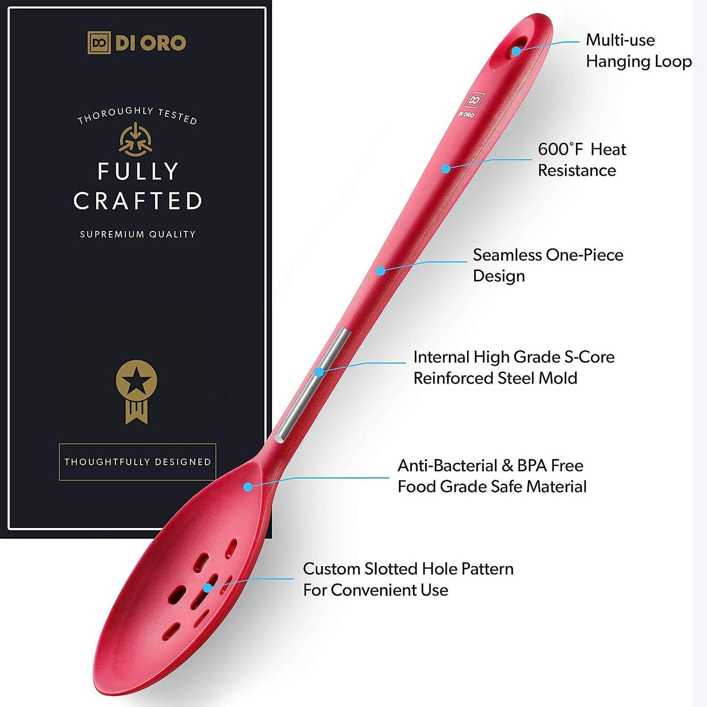 DI ORO Silicone Slotted Spoon - 600°F High Heat Silicone Spoon for Cooking Nonstick Cookware Safe - Silicone Kitchen Spoon for Serving & Stirring - Large Spoon for Mixing - Dishwasher Safe (Red)