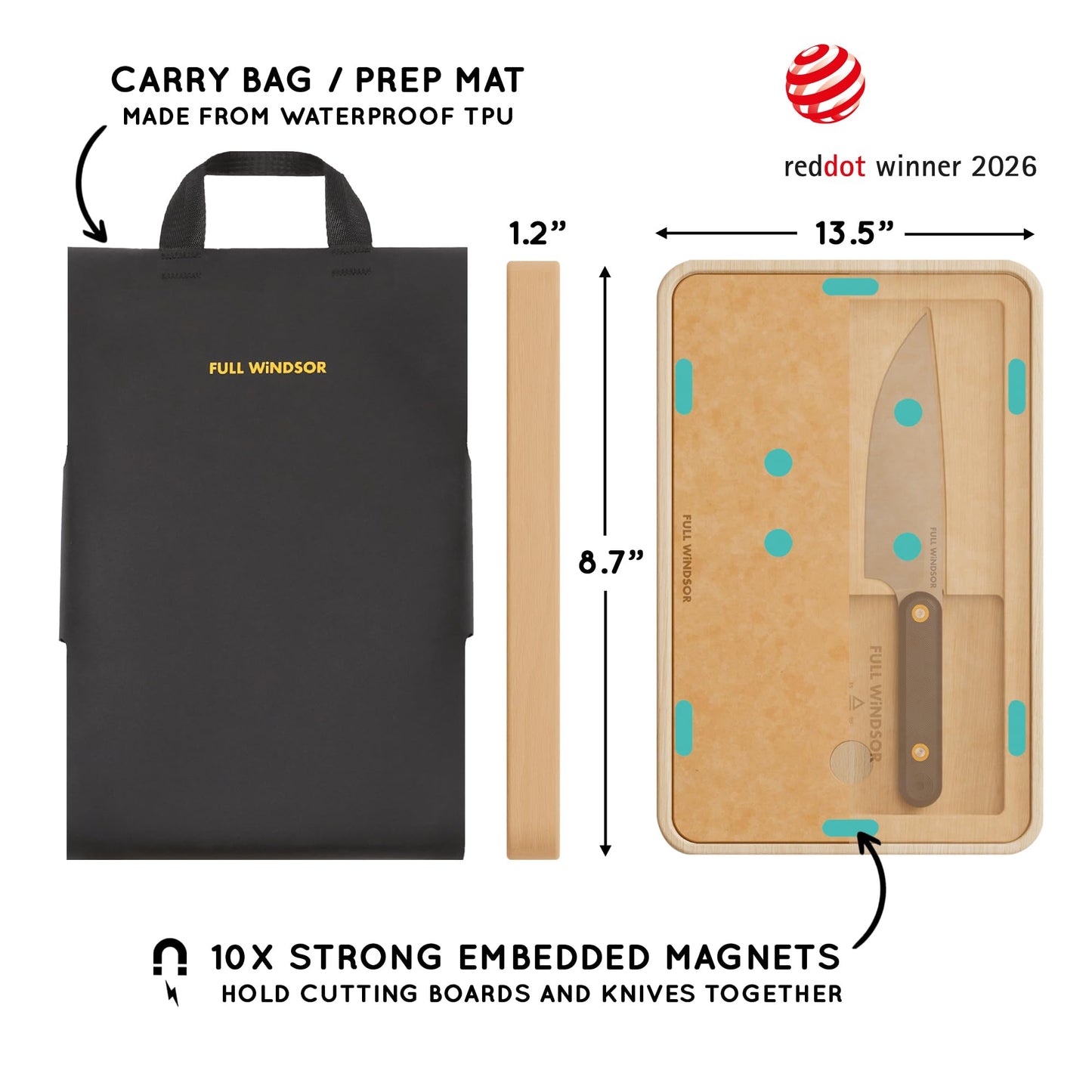 FULL WINDSOR - MagKnives Magnetic Camping Cutting Board and Knife Set - Portable Camping Kitchen Prep Kit with 2 Wood Cutting Boards, 6" Chef Knife, 3.5" Utility Knife, Carry Bag for Outdoor Cooking