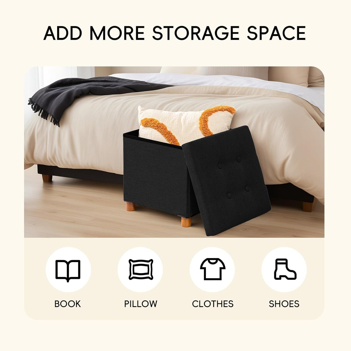 15" 15" 15"Black PINPLUS Storage Ottoman Cube, White Linen Footrest with Wooden Legs, Foldable Fabric Footrest