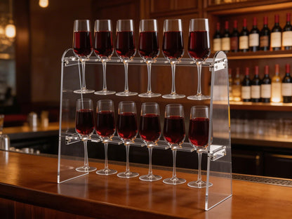 SOVQUEST Acrylic Stemware Rack, 2 Tier 12 Slot Trapezoid Champagne Wine Glass Holder, Modern Durable Countertop Bar Storage Organizer (Trapezoid)