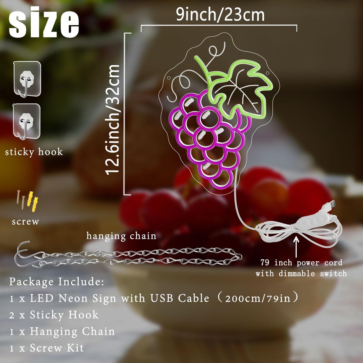 Grapes Neon Sign for Wall Decor, Dimmable Purple Grape Fruit Neon Lights, Vibrant Fruit Themed Neon LED Signs for Kids Room, Bedroom, Restaurant, Bar, Club, Fruit Shop, Birthday Party