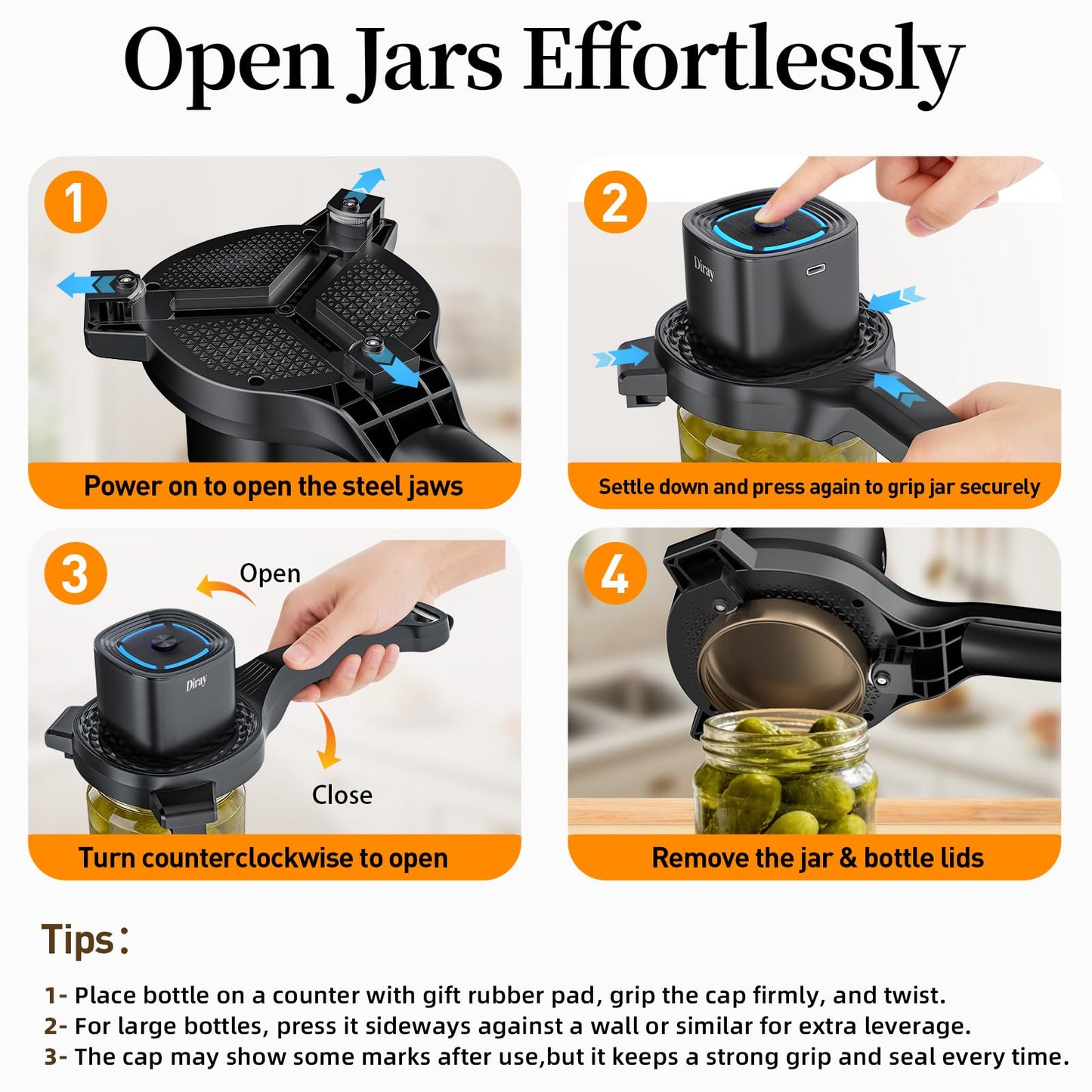 Electric Jar Opener with Power-Clamp Technology: Auto-Tighten & Manual Twist for Easy Opening, 2-in-1 Jar and Bottle Opener for Weak Hands & Seniors & Arthritis, Includes Free Rubber Gripper Pad