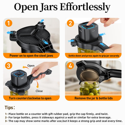 Electric Jar Opener with Power-Clamp Technology: Auto-Tighten & Manual Twist for Easy Opening, 2-in-1 Jar and Bottle Opener for Weak Hands & Seniors & Arthritis, Includes Free Rubber Gripper Pad