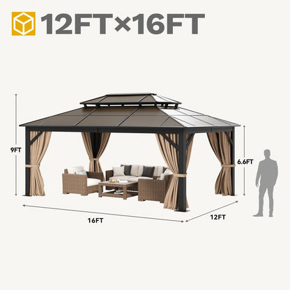 DWVO 12x16ft Gazebo Hardtop Double Roof Polycarbonate Canopy Outdoor with Netting and Shaded Curtains, Metal Frame Garden Tent for Patio, Backyard, Deck and Lawns, Brown