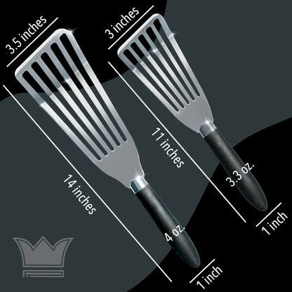 Professional Fish Spatula Stainless Steel Set - 1 Large + 1 Small stainless steel spatula - mirror polished spatulas with heat resistant ergonomic handles - fish turner for Flipping, Frying & Grilling