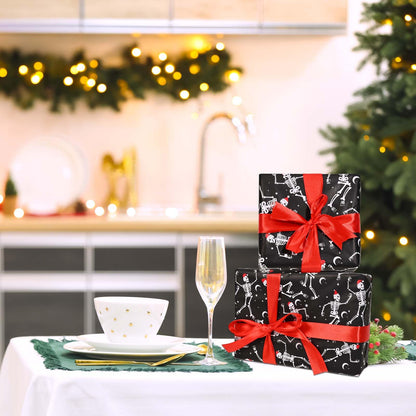 Bolsome 100 Sheets 20 * 14 Inches Christmas Tissue Paper for Gift Bags Black Dancing Skeleton with Santa Hat Printed Tissue Paper Spooky Decorative Tissue for Xmas Party Winter Holidays DIY Crafts
