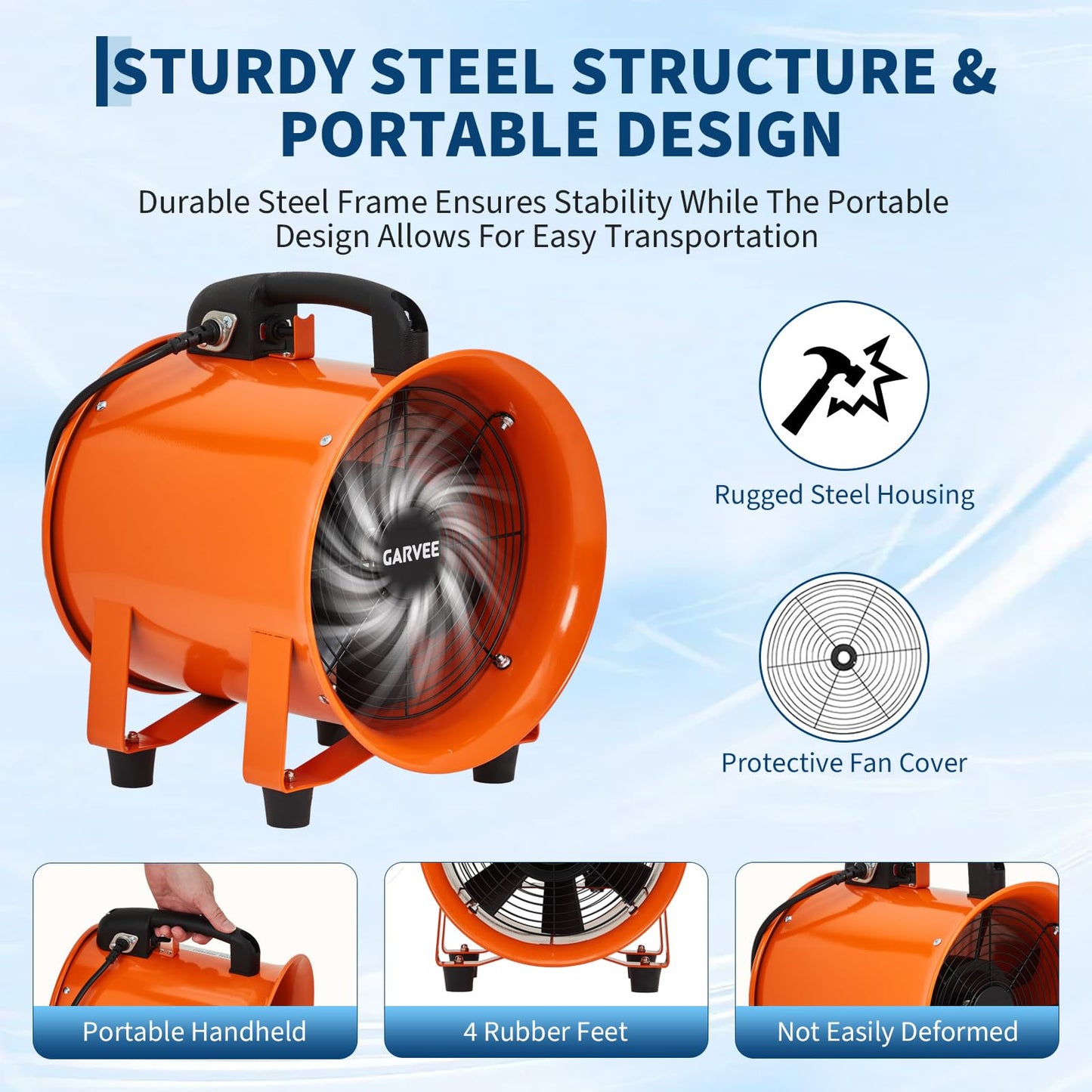 8 Inch Utility Blower Exhaust Fan, Portable Industrial Exhaust Fan with 32.8 ft Flexible Duct Hose, 1100 CFM Low-Noise Air Mover Blower Fan/Extractor/Ventilator for Basements, Workshops, Warehouses