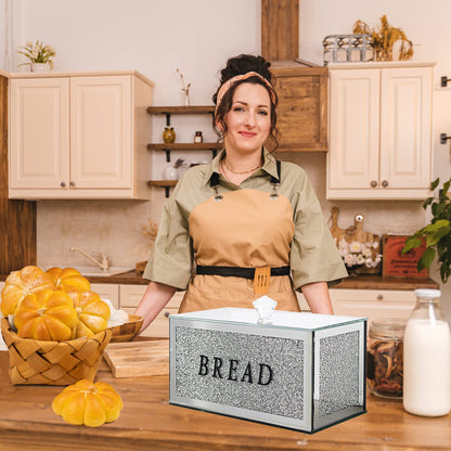 HMRCYTE Large Crystal Glass Bread Container Box with Lid, 12.2" L x 6.3" W x 7.9" H Silver Homemade Bread Storage, Crushed Diamond Home Decor, Keep Bread Fresh Clean, Bread Bin for Kitchen Countertop