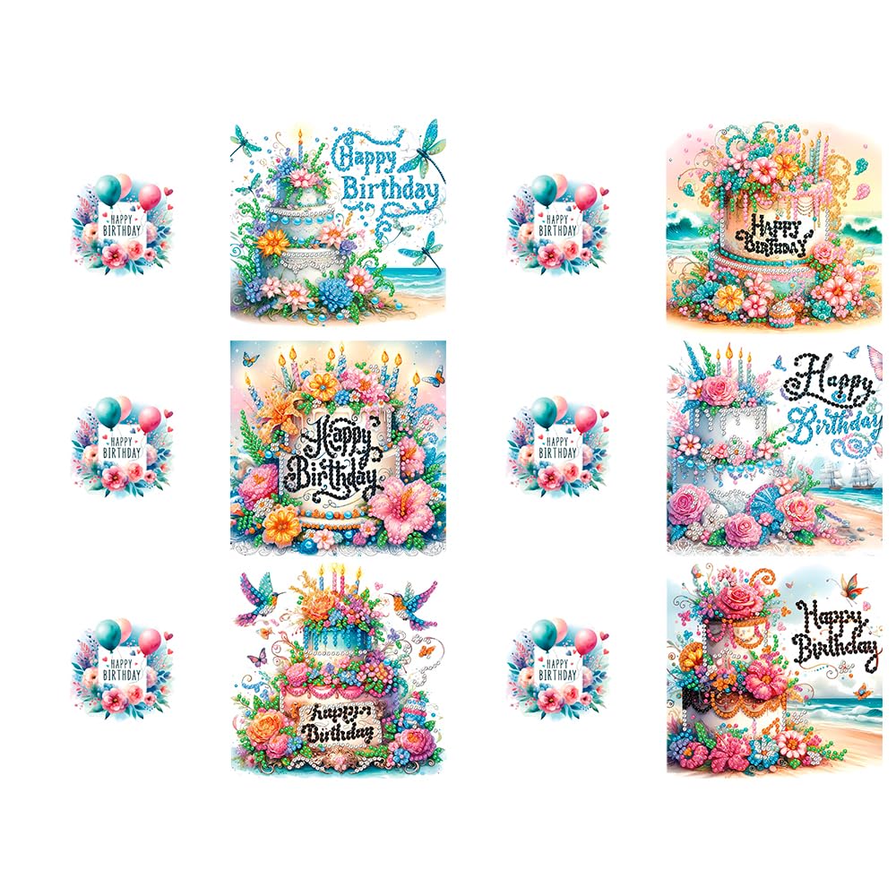 pigpigboss 6 Packs Happy Birthday Diamond Painting Greeting Cards with Envelope, Birthday Cake Diamond Art Cards, Flower Bird Butterfly Diamond Greeting Card Arts Kit for Birthday