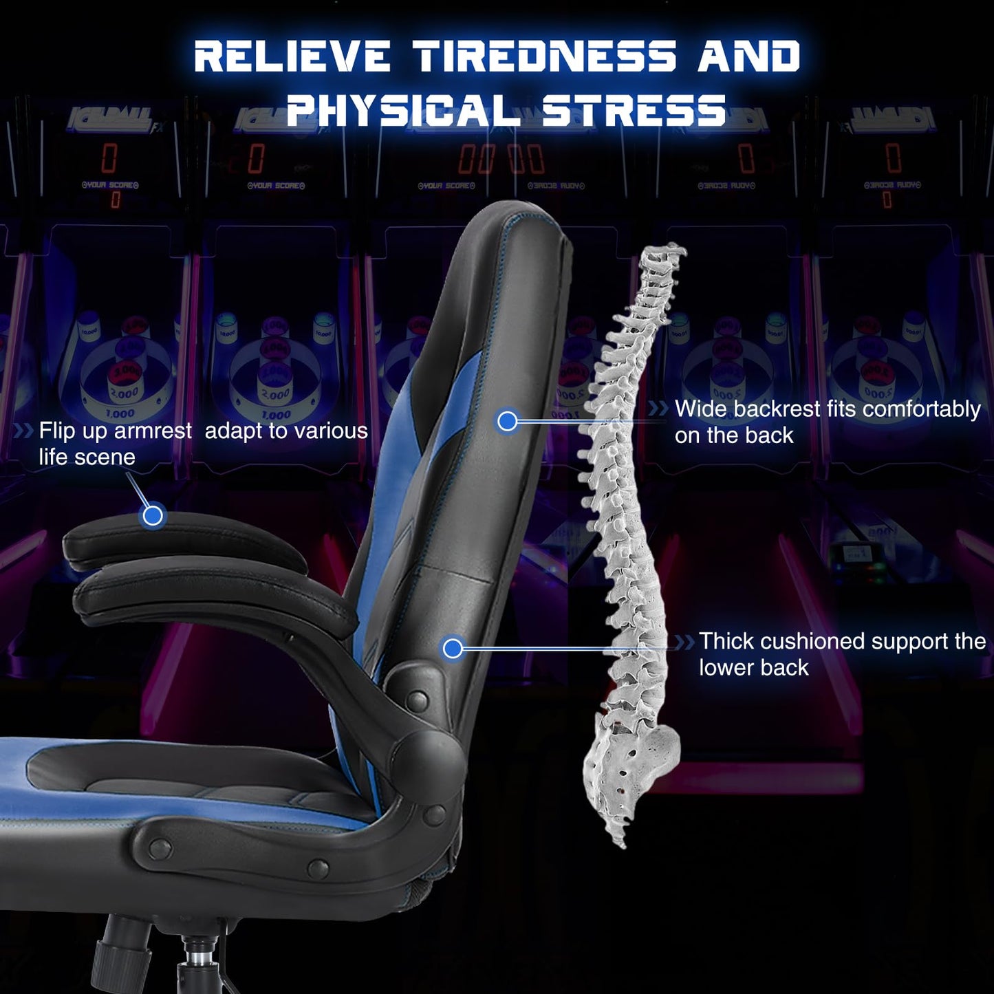 DUMOS Ergonomic Computer Gaming Chair - Home Office Desk with PU Leather Lumbar Support, Height Adjustable Big and Tall Video Game with Flip-up Armrest, Swivel Wheels for Adults and Teens