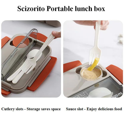 Scizorito Bento Box Adult Lunch Box, 44 oz Containers with 4 Compartments, Lunchable Food Container with Utensils, Sauce Jar, Microwave & Dishwasher Safe (White-Grey)