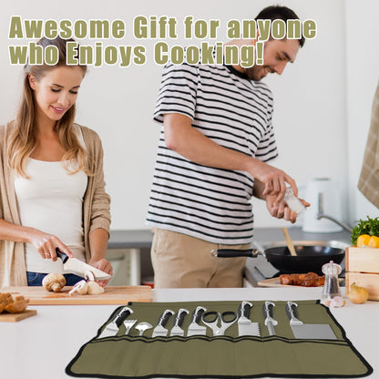 QIQU Army Green Chef Knife Bag With 20 Slots Cutlery Knives Holders Protectors, Home Kitchen Travel Cooking Tools, Portable Canvas Knife Roll Storage Bag Chef Case for Camping or Working