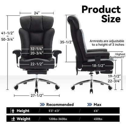 Efomao Big and Tall Office Chair 450lbs, 5.9" Thick Pocket Spring Executive Office Chair with Footrest, High Back PU Leather Desk Chair, Wide Seat Computer Chair, Black