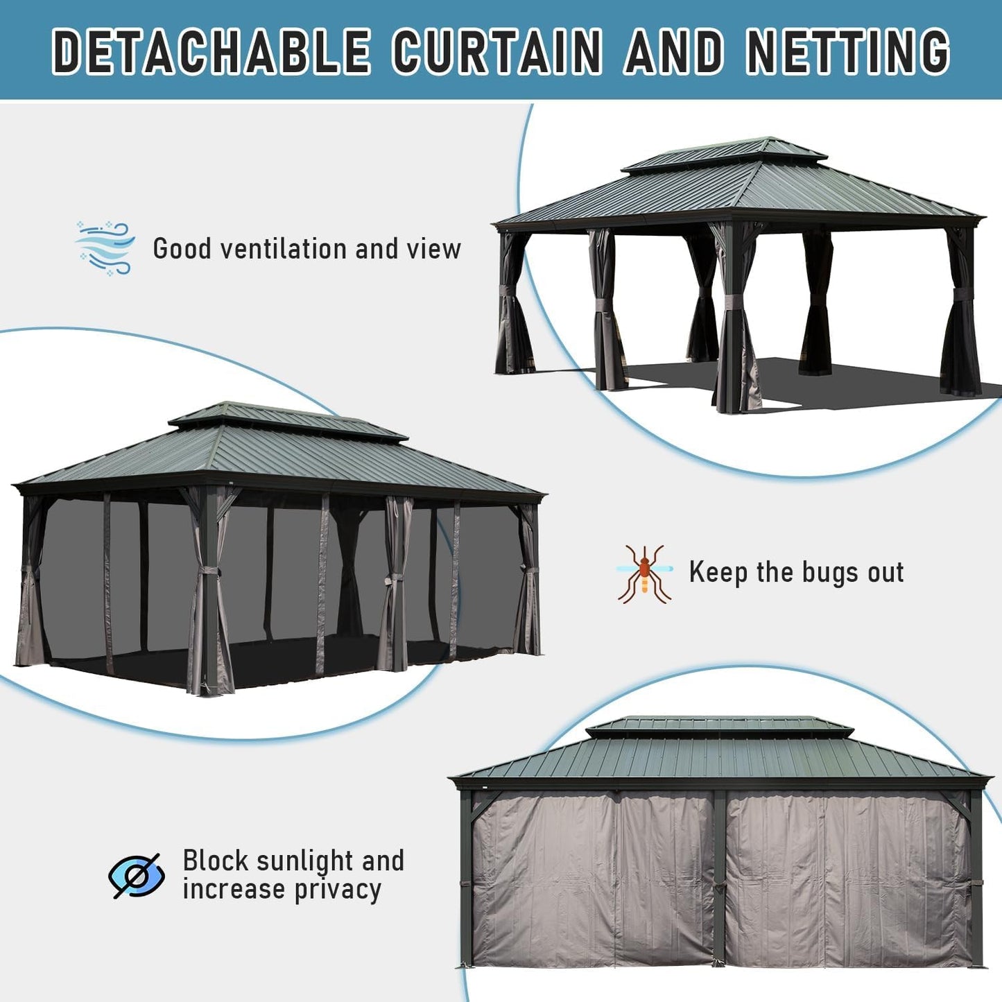 GOWE 14x22FT Hardtop Gazebo, Outdoor Gazebo with Galvanized Steel Double Roof, Aluminum Frame, Built-in Gutter System, Curtain and Netting, Metal Gazebo Pavilion for Patio Deck Garden, Grey