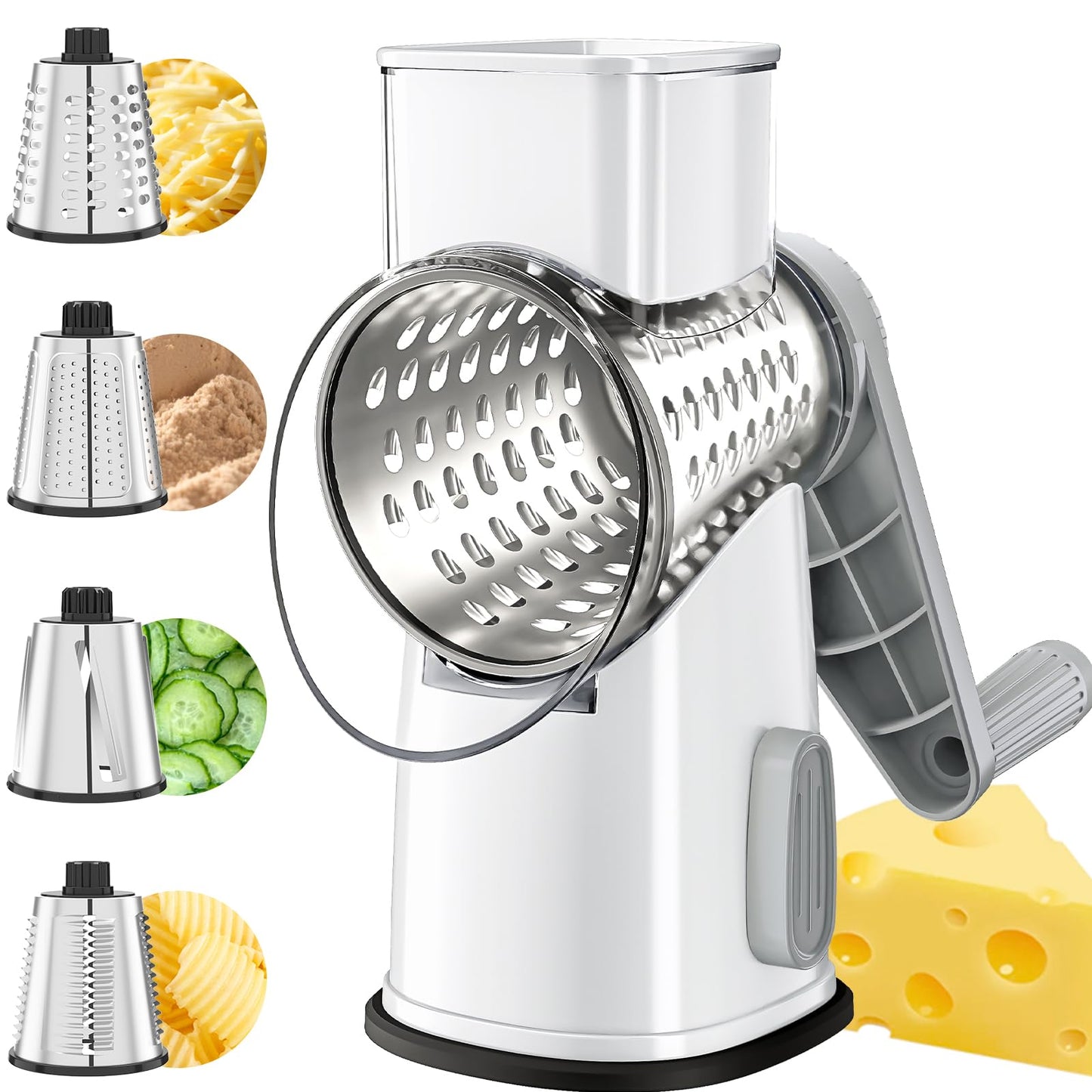 VEKAYA Rotary Cheese Grater Hand Crank with 4 Interchangeable Stainless Steel Blades, Large Manual Handle Shredder and Waffle Slicer for Vegetables, Cheese and Nuts with Table Suction Base(White Grey)