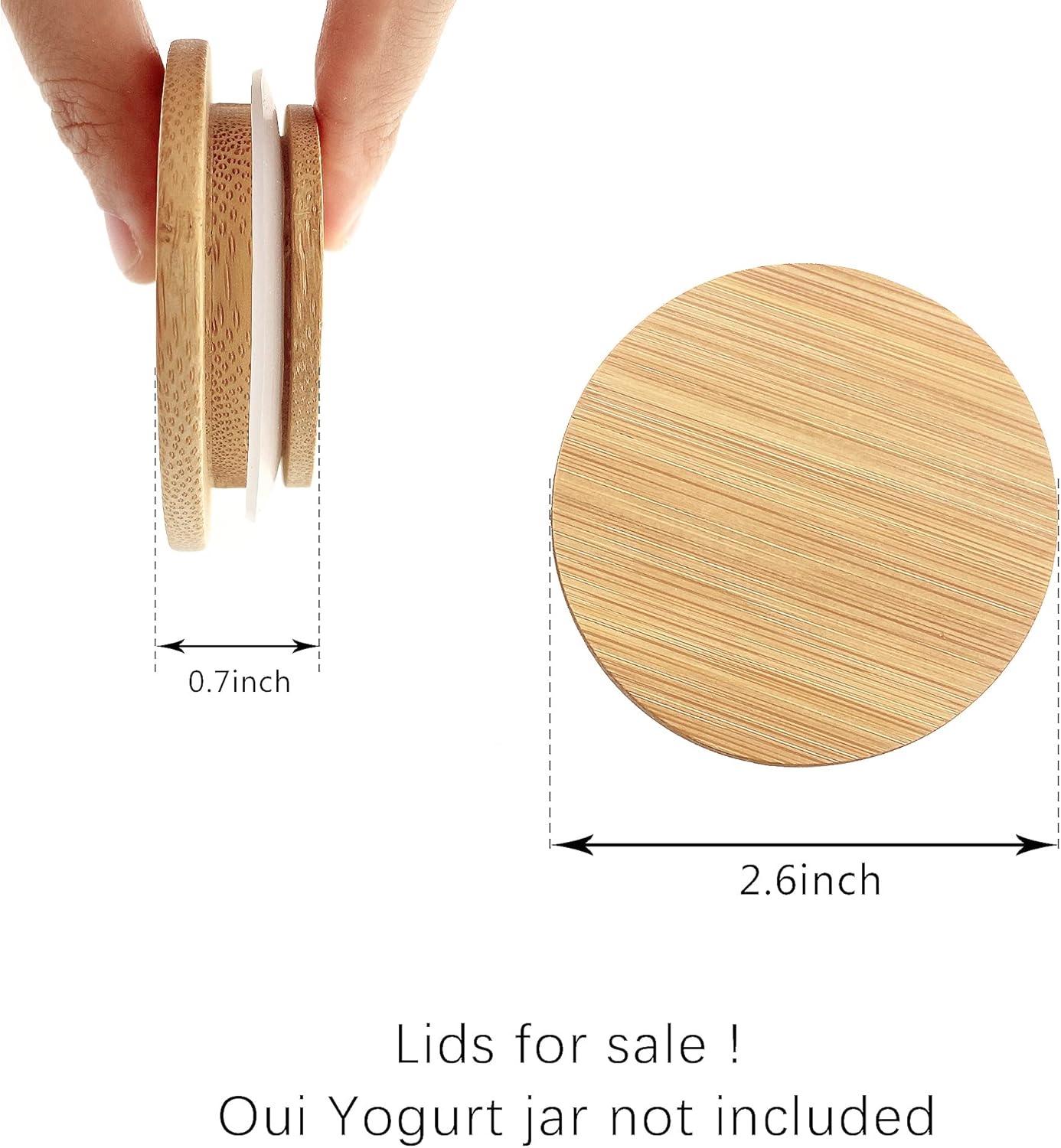 12 pack 5 Oz Oui Yogurt Jar Lids - Oui Lids - Natural Bamboo Wood with Silicone Sealing Rings and Oui Yogurt Bottle