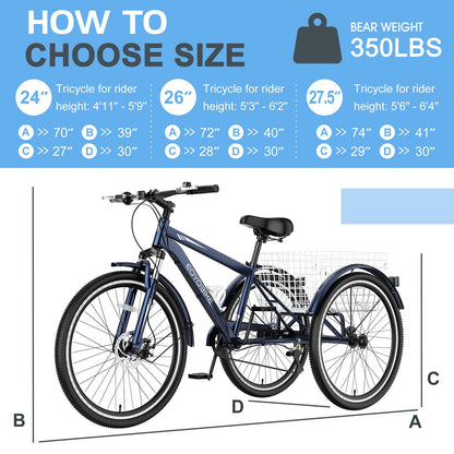 Slsy Adult Mountain Tricycle, 7 Speed Three Wheel Bike, 24/26 Inch Adults Trikes for Seniors with Shopping Basket, Exercise Men's Women's Tricycles