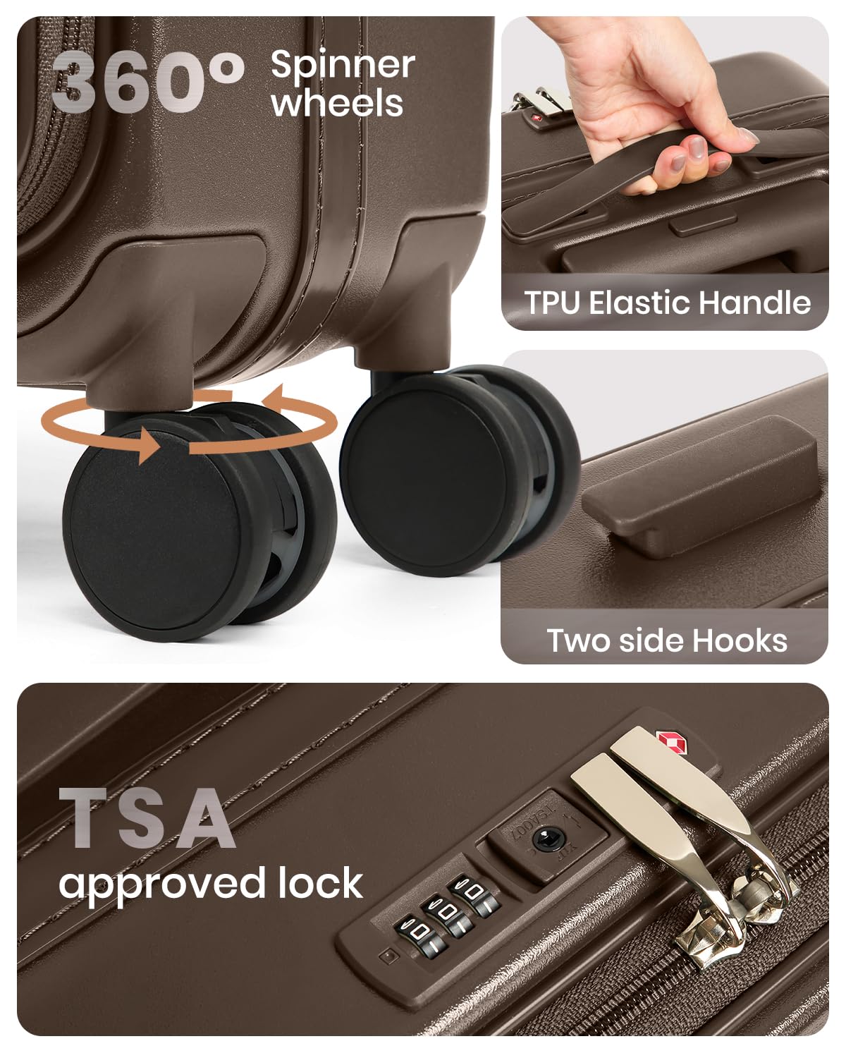 Joyway Luggage Set 3 Piece Top Opening Suitcase Set with Spinner Wheel and TSA Lock, PC Hard Shell Carry on Luggage with Front Pocket for Woman Men (Coffee)