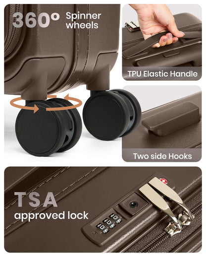 Joyway Luggage Set 3 Piece Top Opening Suitcase Set with Spinner Wheel and TSA Lock, PC Hard Shell Carry on Luggage with Front Pocket for Woman Men (Coffee)