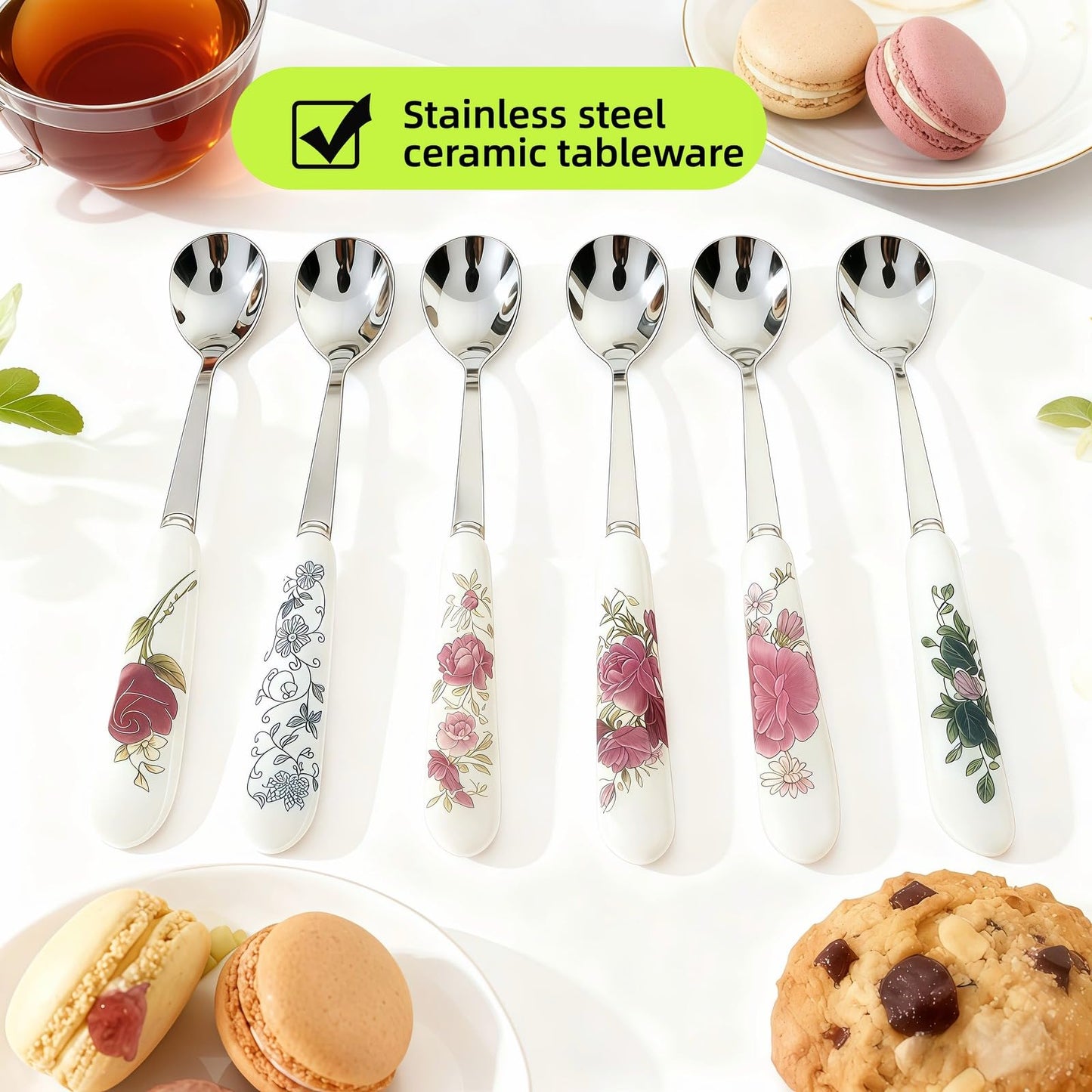 Hiiooweiyi 6-Piece Set of Stainless Steel Coffee Spoons Ceramic Handles Teaspoons Sugar Water Ice Cream Smoothies Spoons Soup Mixing Utensils