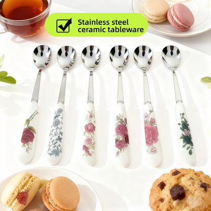 Hiiooweiyi 6-Piece Set of Stainless Steel Coffee Spoons Ceramic Handles Teaspoons Sugar Water Ice Cream Smoothies Spoons Soup Mixing Utensils