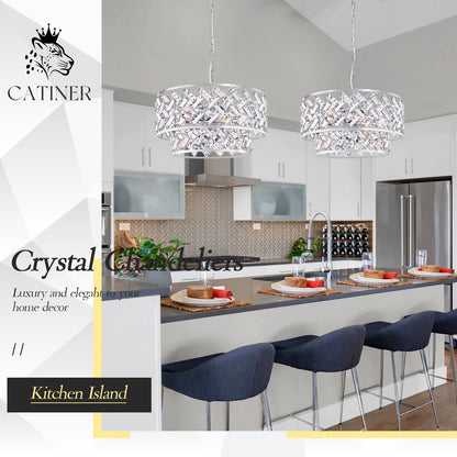 20'' Modern 6-Light Chrome Crystal Pendant Chandelier, Luxury Round Semi Flush Mount Ceiling Light for Living Room, Dining Room, Kitchen, Foyer, Bedroom