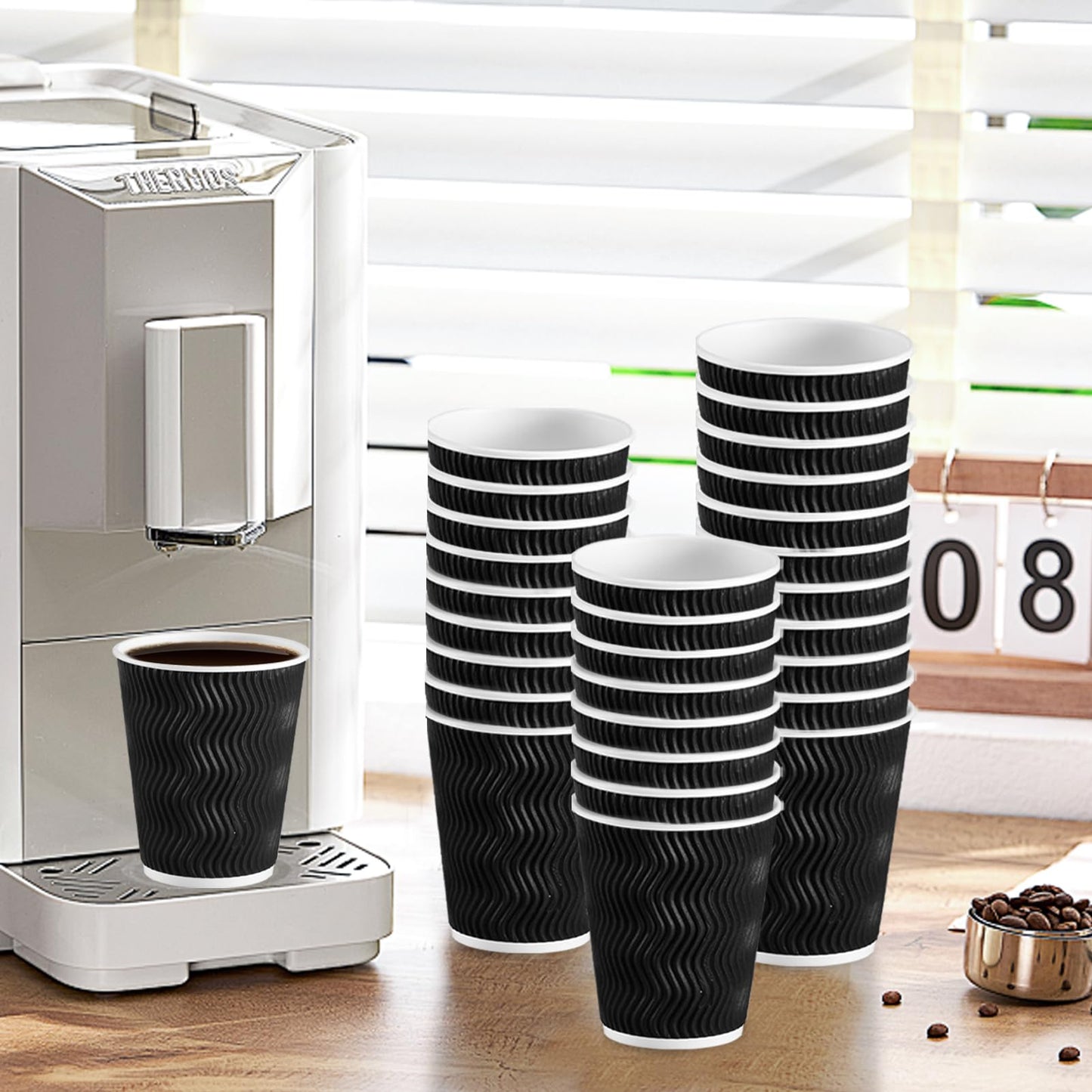 Lamosi Disposable Coffee Cups 12 oz 100 Pack, Paper Coffee Cups 12 oz for Hot Drinks or Cold Beverages, Insulated Corrugated Ripple Wall Cup for Office, Cafe, Home or Travel (Black)