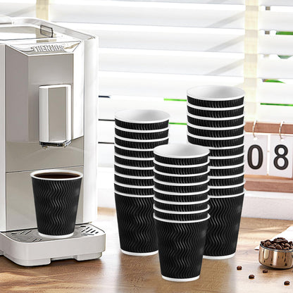 Lamosi Disposable Coffee Cups 12 oz 100 Pack, Paper Coffee Cups 12 oz for Hot Drinks or Cold Beverages, Insulated Corrugated Ripple Wall Cup for Office, Cafe, Home or Travel (Black)