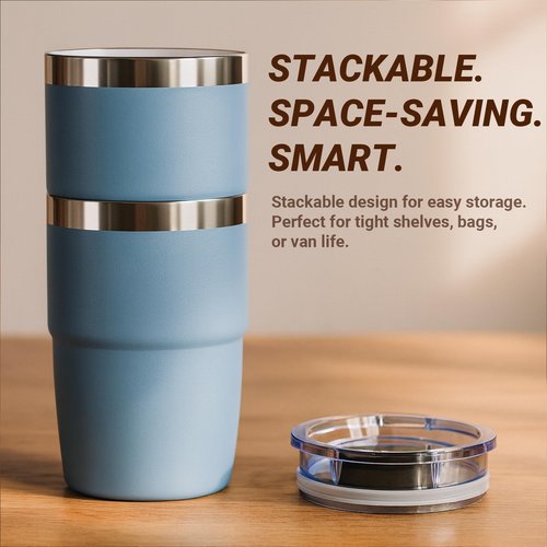 Cafezi 8 oz Small Coffee Cup with Magnetic Lid, Ceramic-Lined 18/8 Stainless Steel, Double-Wall Vacuum Insulated, Stackable, Dishwasher Safe, Mini Tumbler for On-the-Go, 2 Pack, Navy