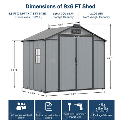 8x6 FT Resin Storage Shed with Floor Windows Lockable Double Door Vents, Easy Assembly All Weather Waterproof Durable Plastic Outdoor Sheds for Backyard Garden Storage Tools Lawnmover, Gray