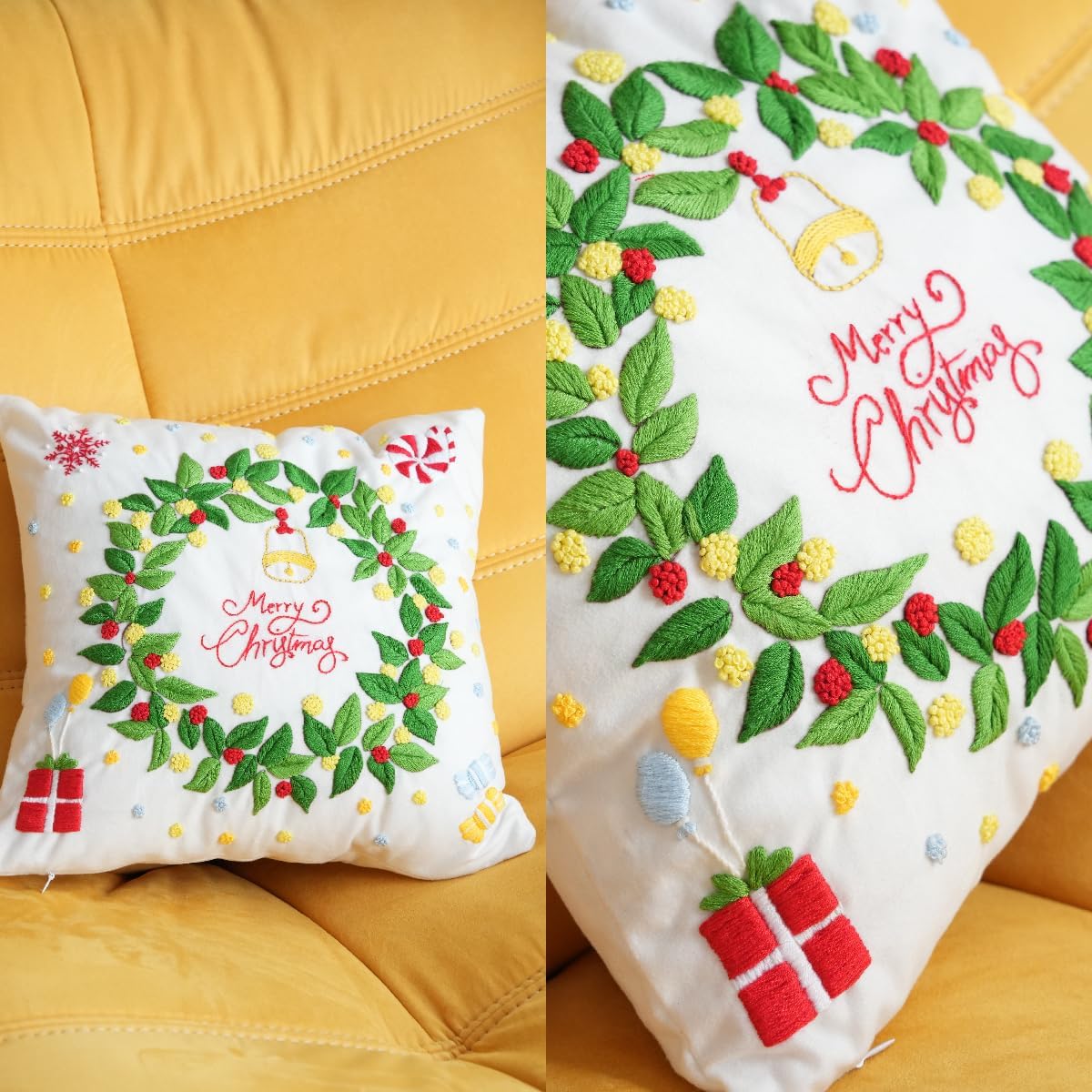 GQKHSS DIY Embroidery Kit, Decorative Pillow Cover with Floral Design,18 x 18'',Complete Starter Set with Thread and Tools,No Pillow Core (Garland)