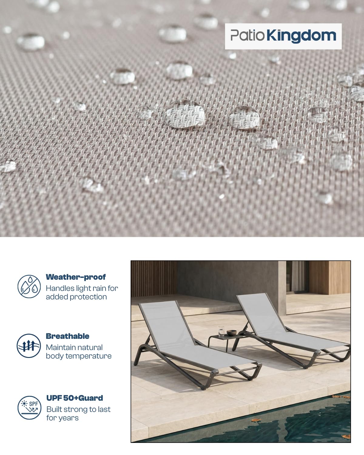 Patio Kingdom 3-Piece Patio Chaise Lounge Set with Side Table, Set of 2 Adjustable Pool Chairs and Aluminum Bistro Table, All-Weather Outdoor Furniture for Pool Deck, Patio & Tanning, Light Grey