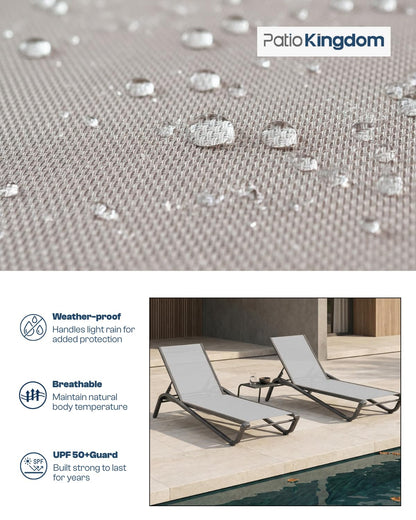 Patio Kingdom 3-Piece Patio Chaise Lounge Set with Side Table, Set of 2 Adjustable Pool Chairs and Aluminum Bistro Table, All-Weather Outdoor Furniture for Pool Deck, Patio & Tanning, Light Grey